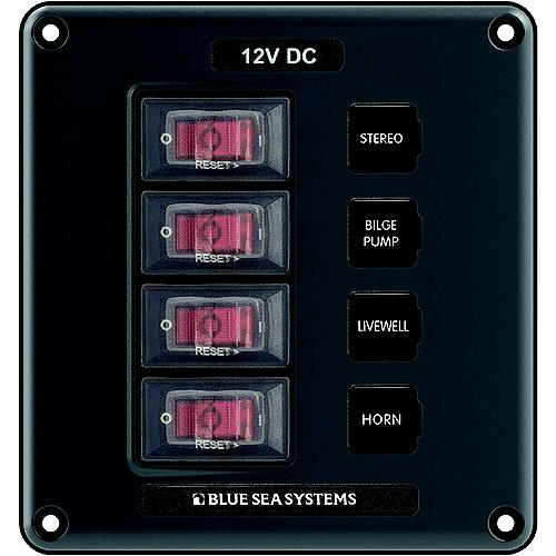 Blue Sea 4320 Water-Resistant Circuit Breaker Switch Panel, 4 Position - 4320-Bss - 661-4320F1