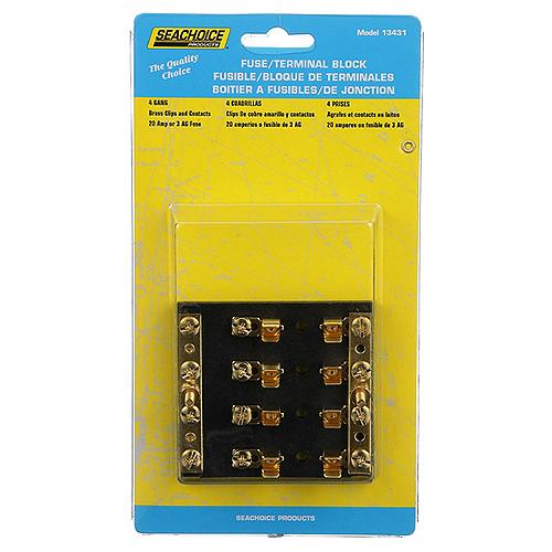 Seachoice 4-Gang Fuse And Terminal Block, Brass Clips And Contacts, Sfe 20 Amp Of 3Ag Fuse - 13431 - 50-13431F1